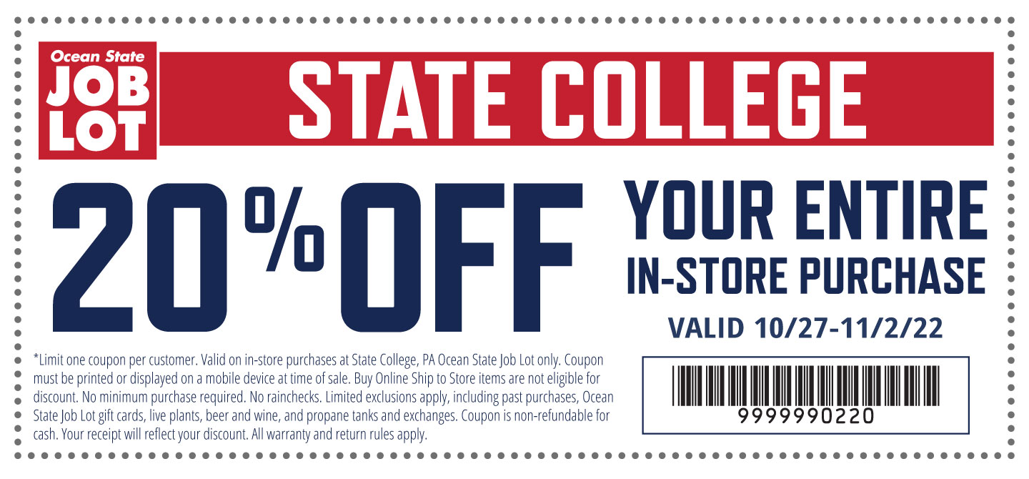 Digital Coupon: State College, 20% off your entire in-store purchase. Valid 10/27 - 11/2/22