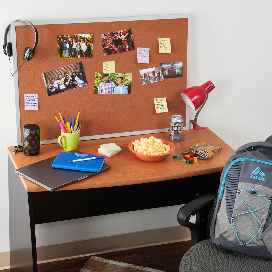 Decorative: Desk and cork board.